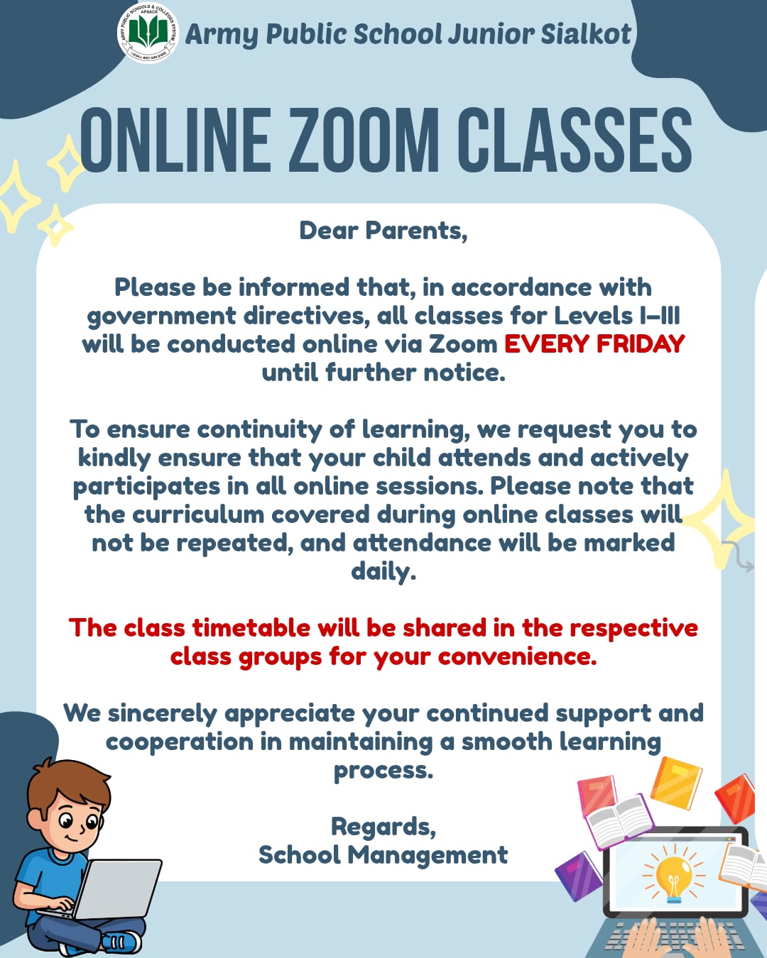 Online Zoom Classes Notice